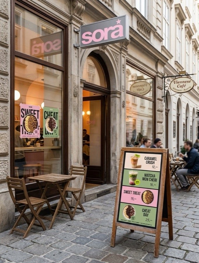 Sora storefront: pink sign above the door, tables on the pavement
